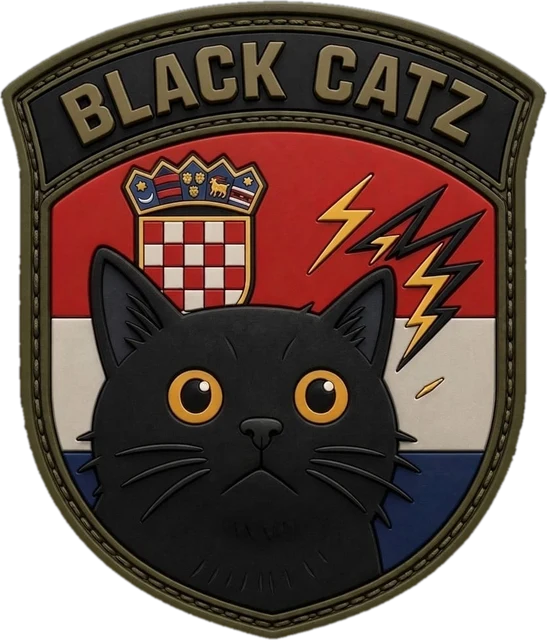 Grb kluba Black Catz: crna mačka na hrvatskoj trobojnici s natpisom BLACK CATZ